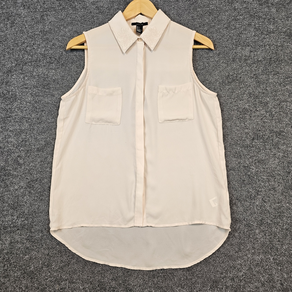 Cream, Hi-Lo, Sleevless, Floral Collar, front Pockets Blouse - Forever 21